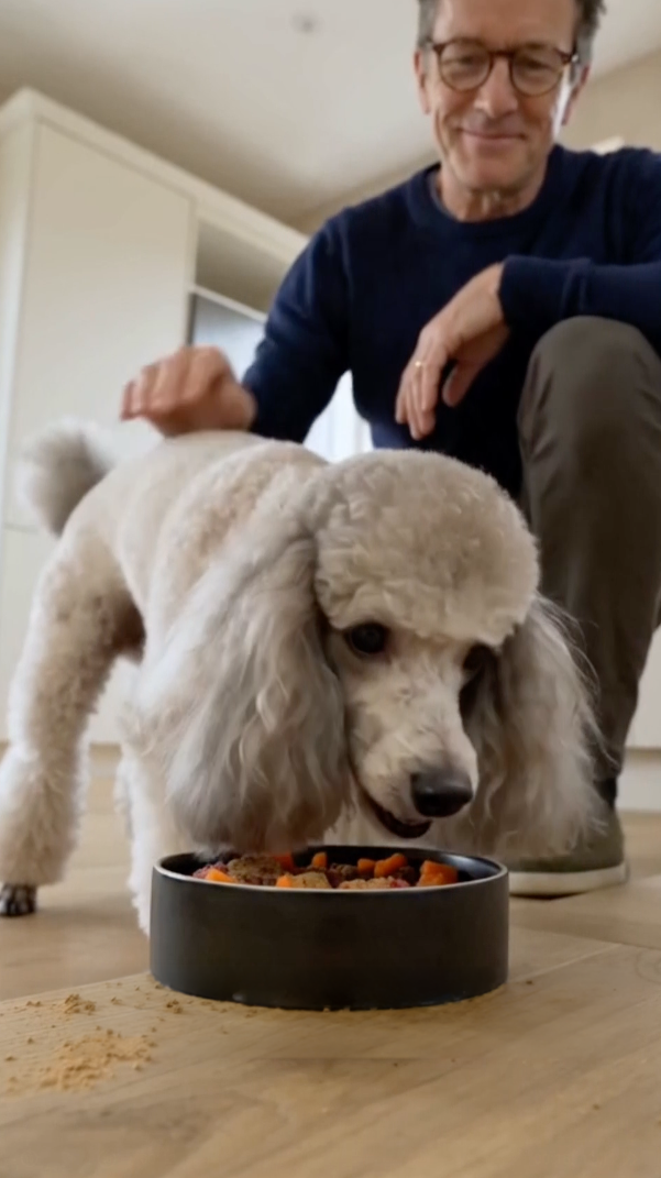 Dog runs to the bowl.